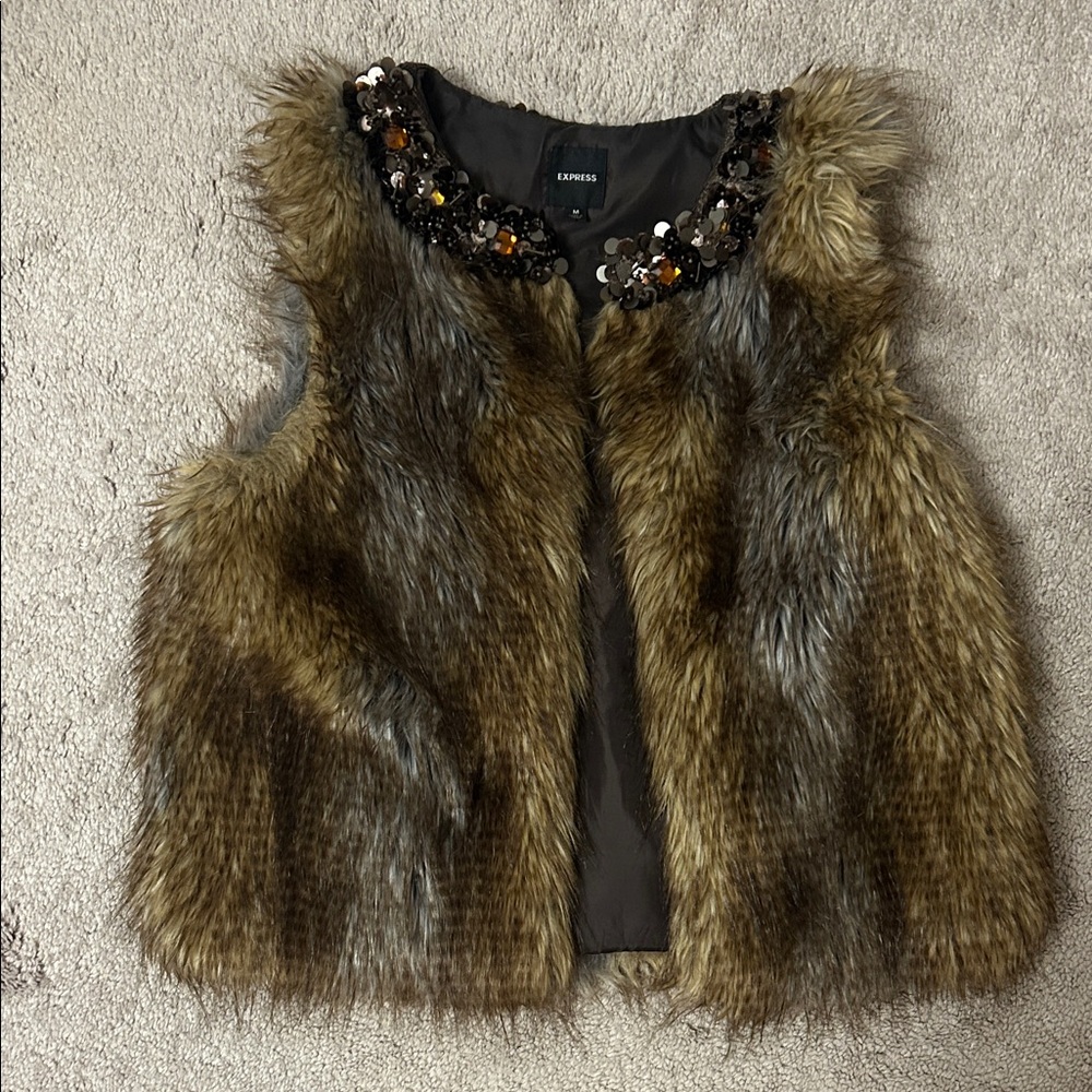 Express Brown Faux Fur Vest with Sequin Accents